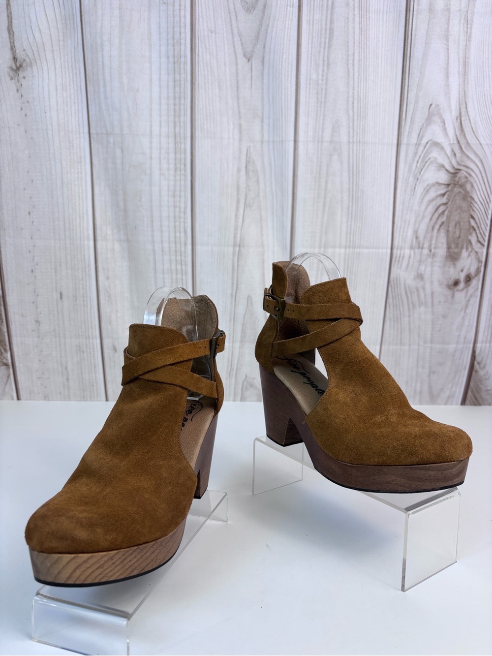Free People Clog Heels Suede Chunky Wood Platform Block Heel Shoe Brown Sz 39/9 - Picture 3 of 16